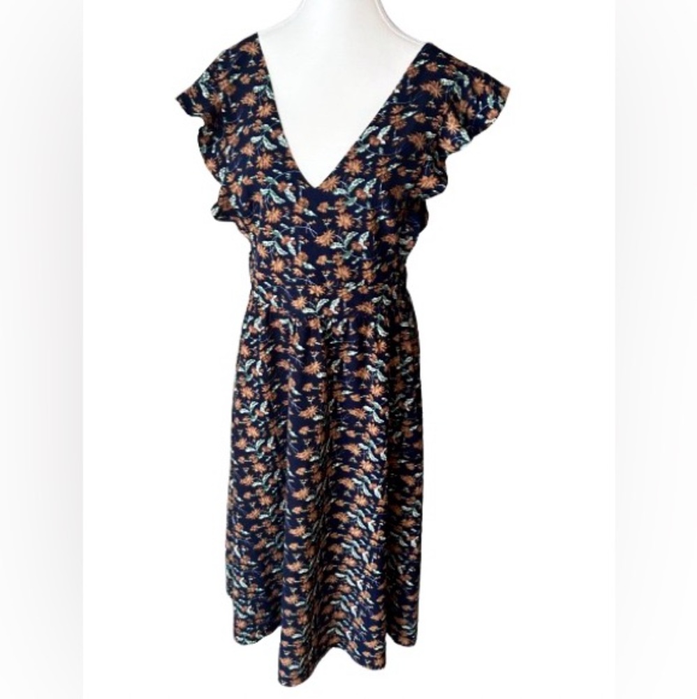 Apron Dress NAIN Navy Blue Brown Floral Midi Ruffle Dress Cottage Boho Medium